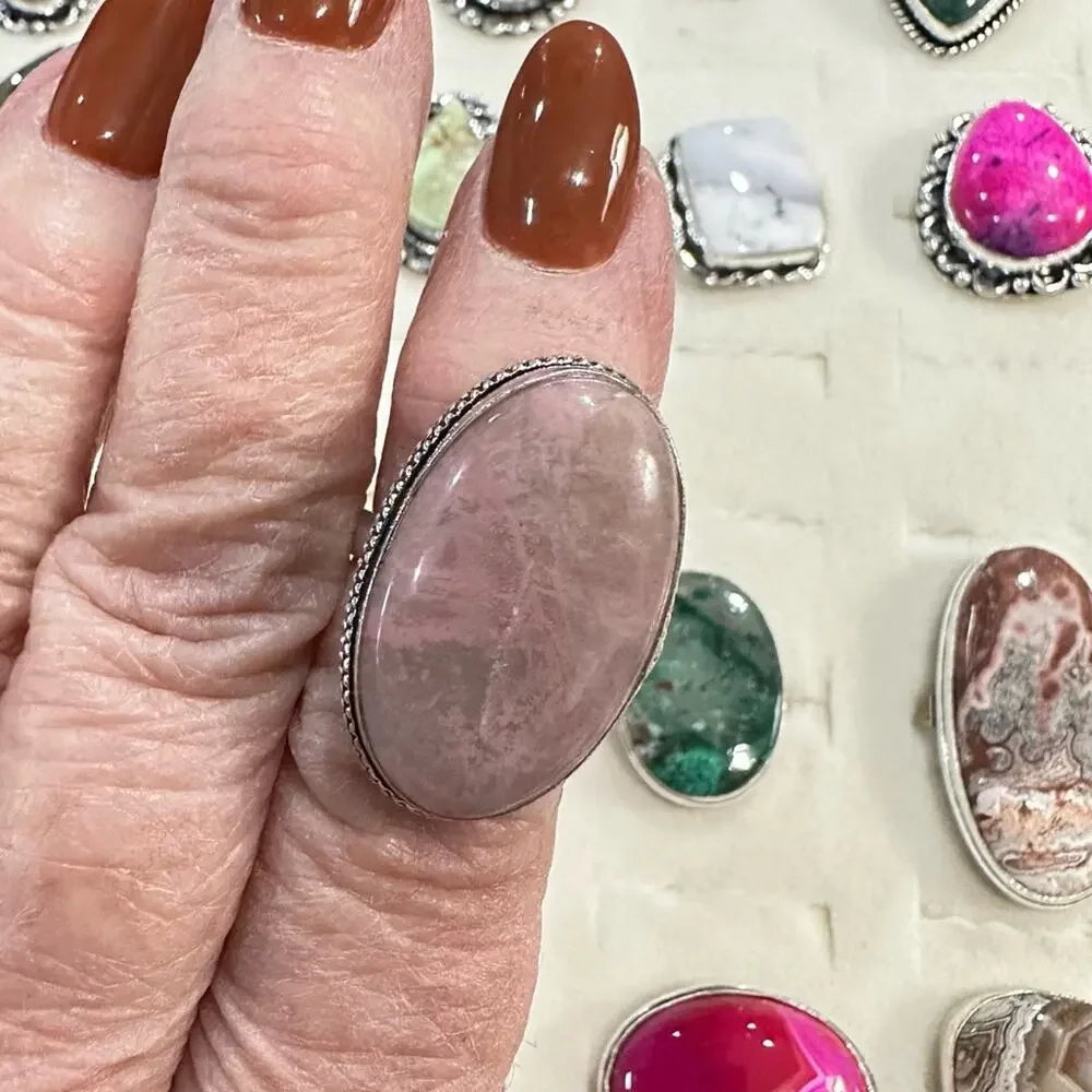 Handmade Ring rhodonite oval gemstone stamped 925 silver overlay‎ pink size 6
